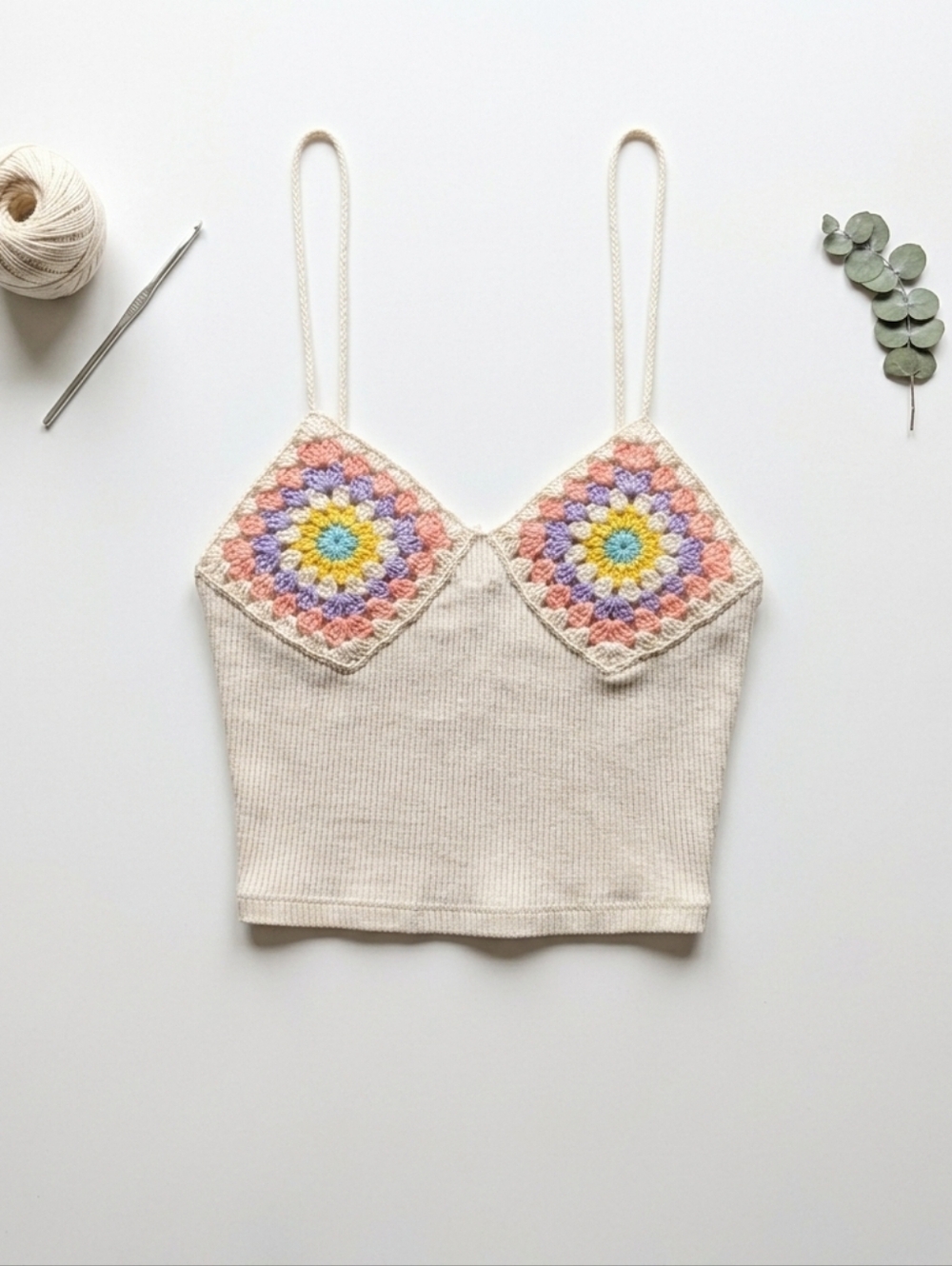 Zara Crochet Granny Square Ribbed Cropped Top Size M